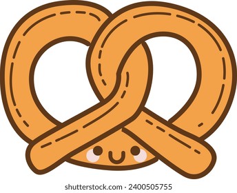 The theme of this illustration is Fastfood. Funny pretzel cartoon character. Cute cartoon food illustration. Kawaii food cartoon vector icon. Cute pretzel images. Isolated vector. Pretzel icon emoji.