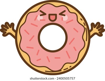 The theme of this illustration is Fastfood. Funny donut cartoon character. Cute cartoon food illustration. Kawaii food cartoon vector icon. Cute donut images. Isolated vector. Kawaii donut smiling.