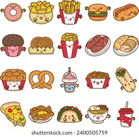 The theme of this illustration is Fastfood. Funny fast food cartoon character. Cute cartoon food illustration. Kawaii food cartoon vector icon. Cute fast food box images. Isolated vector. Smile emoji.