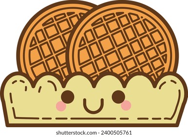 The theme of this illustration is Fastfood. Funny waffles cartoon character. Cute cartoon food illustration. Kawaii food cartoon vector icon. Cute waffles box images. Isolated vector. Stack of waffles