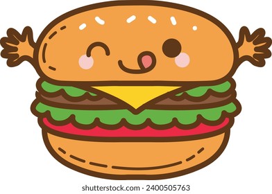 The theme of this illustration is Fastfood. Funny burger cartoon character. Cute cartoon food illustration. Kawaii food cartoon vector icon. Cute burger images. Isolated vector. Fastfood emoji smiling