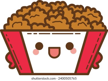 The theme of this illustration is Fastfood. Funny nugget cartoon character. Cute cartoon food illustration. Kawaii food cartoon vector icon. Cute chicken nugget box images. Isolated vector icon.