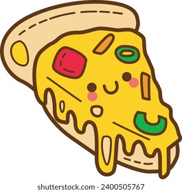 The theme of this illustration is Fastfood. Funny pizza cartoon character. Cute cartoon food illustration. Kawaii food cartoon vector icon. Cute pizza images. Isolated vector. Pizza with mozzarella.