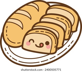 The theme of this illustration is Fastfood. Funny bread cartoon character. Cute cartoon food illustration. Kawaii food cartoon vector icon. Cute bread with plate images. Isolated vector. Bread stock
