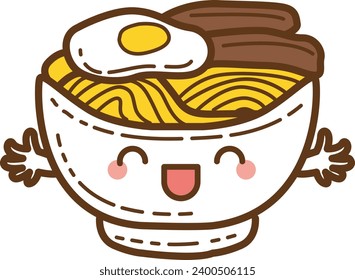The theme of this illustration is Fastfood. Funny noodle cartoon character. Cute cartoon food illustration. Kawaii food cartoon vector icon. Cute noodle bowl images. Isolated vector. Noodle with egg