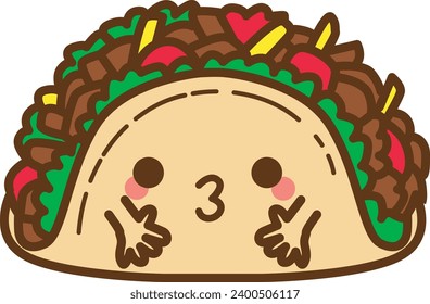 The theme of this illustration is Fastfood. Funny taco cartoon character. Cute cartoon food illustration. Kawaii food cartoon vector icon. Cute taco images. Isolated vector. Cute taco clip art