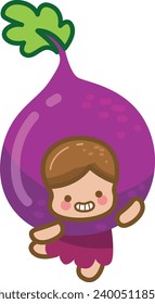 The theme of this illustration is Fruit. Fig fruit clip art cute design. Girl wearing hat costume in her head. Cute kids dressed like fruit. Set of cute fruit costume. Kids having fun. Smiling girl