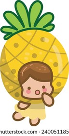 The theme of this illustration is Fruit. Pineapple clip art cute design. Girl wearing hat costume in her head. Cute kids dressed like fruit. Set of cute fruit costume. Kids having fun. Smiling girl