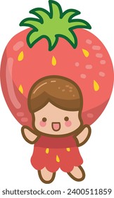 The theme of this illustration is Fruit. Strawberry clip art cute design. Girl wearing hat costume in her head. Cute kids dressed like fruit. Set of cute fruit costume. Kids having fun. Smiling girl