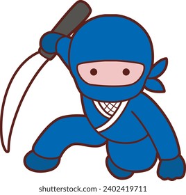 The theme of this illustration is Japanese. Blue ninja stand one hand hlding sword. Cartoon ninja traditonal japanese costume. Ninja costum vector with isolated background. Ninja kick clip art images.