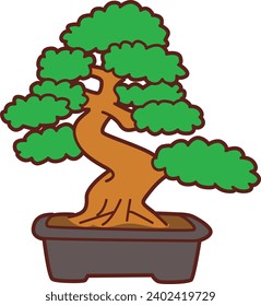 The theme of this illustration is Japanese. Bonsai stock vector images. Bonsai pine decorative small tree in the pot. Bonsai japanese clip art. Banzai tree vector symbol. Botanical and floral sign. 