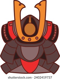 The theme of this illustration is Japanese. Fearsome ancient vector. Traditional armor japanese. Japanese samurai warrior mask and helmet. Japanese armor costume. Fearsome red and yellow samurai mask.