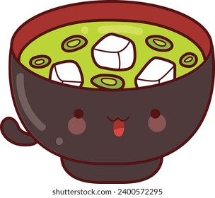 The theme of this illustration is Japanese Food. Japanese clip art. Emoji of food icon. Miso soup stock vector. Tofu soup in the bowl food illustration. Tom yam japanese food emoticon. Green soup