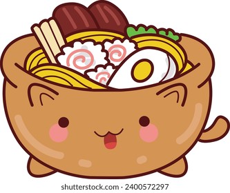 The theme of this illustration is Japanese Food. Japanese clip art. Emoji of food icon. Ramen japanese. Noodles, naruto, egg and meat in the bowl. Emoticon of culinare food. A stove with soup cartoon 