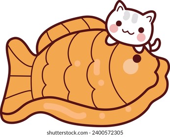 The theme of this illustration is Japanese Food. Japanese clip art. Emoji of food icon. Cute cat fish cartoon. Vector illustration. Cartoon goldfish. Adorable happy cat. Funny cat fish. Street food 