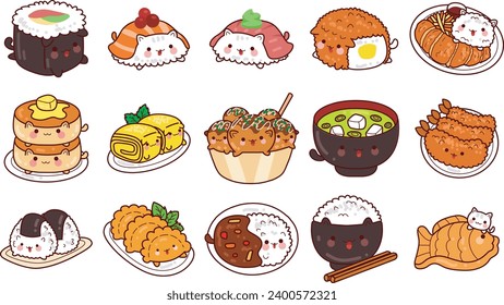 The theme of this illustration is Japanese Food. Japanese clip art. Emoji of food icon. Neko sushi yum cute. Taiyaki with cat. Sushi cat roll. Cute onigiri emoji. Adorable street food from Japanese.