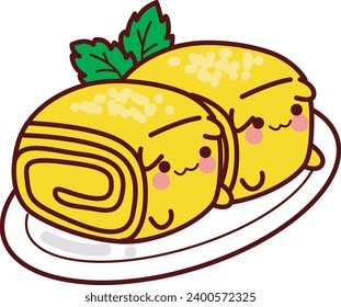 The theme of this illustration is Japanese Food. Japanese clip art. Emoji of food icon. Cute Tamagoyaki cartoon ascot Japanese food. Japanese egg roll on the plate. Culinare street food from Japan.