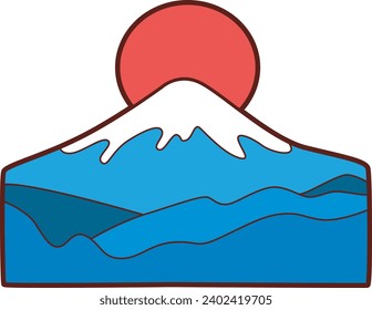 The theme of this illustration is Japanese. Fuji mount cartoon clip art. Fuji sunrise red sun logo cartoon style vector icon. Mountain in Japan. Travel to Japan. Rising sun beautiful mountain.