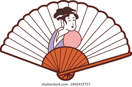 The theme of this illustration is Japanese. Japanese geisha stock vector. Geisha with fan. Japanese geisha clip art. Fan of geisha. Japanese traditional woman. Traditional icon of Japan. Vector icon.