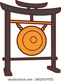 The theme of this illustration is Japanese. Gong instrument music of Buddhish. Metal gold gong icon. Isolated background. Gong in temple. Ancient gong ornament temple castle shrine icon. Instrument.