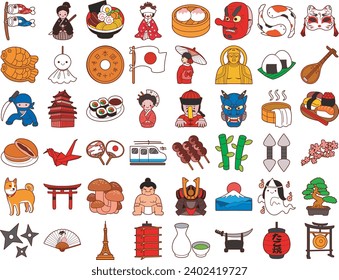 The theme of this illustration is Japanese. Illustation of traditional japanese. Icon set of traditional japanese. Bonsai, sumo, mushroom, train, fan, flag, origami, geisha, sushi, mask, koinobori,etc