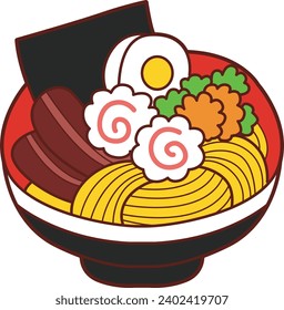 The theme of this illustration is Japanese. Ramen soup bowl enoki mushroom stock images. Vector illustration ramen complete delicious food. Street food in Japanese. Ramyeon soup with egg, naruto, meat