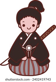 The theme of this illustration is Japanese. Samurai images stock photo. Samurai warrior cartoon with sword. Traditional japanese costum character. Traditional black costume. A man with samurai costume