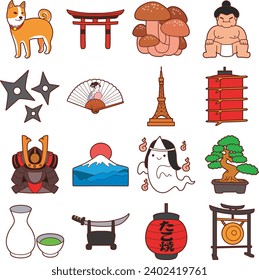 The theme of this illustration is Japanese. Sumo. tokyo tower, fan of geisha, ghost, shuriken, dog, lantern, calligraphy, sunset, sunshine, armor, ninja, bonsai, mushroom, temple, etc. Vector icon.