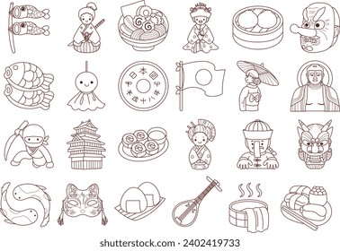 The theme of this illustration is Japanese. Traditional japanese icon. Illustration of japanese. Geisha, umbrella, flag, coin, ghost, ramen, sushi, instrument, music, koi, fish, temple, onigiri, etc