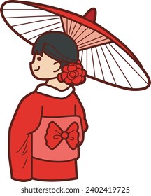 The theme of this illustration is Japanese. Woman wearing red kimono and holding umbrella. Geisha in Japanese. Japanese girl in traditional costume. Kokeshi stock photos. Vector illustration icon.