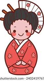 The theme of this illustration is Japanese.  Woman wearing red kimono and fan in her head. Geisha in Japanese. Japanese girl in traditional costume. Kokeshi stock photos. A girl with pink kimono. 