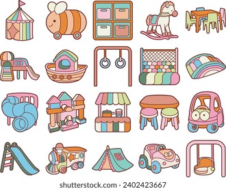 The theme of this illustration is Playroom. Kid playground icon set. Playground and playroom for baby and children. Facilities in the playroom. Tent, slide, car toy, swing, train toy, climbing toy.