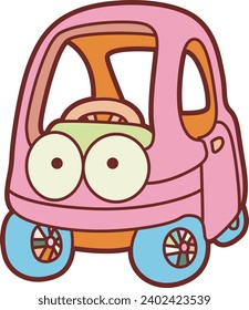 The theme of this illustration is Playroom. Pink car vehicle stock images. Cartoon car isolated background. Transportation Car element stock icon. Cute transportation sticker for baby and kids. 