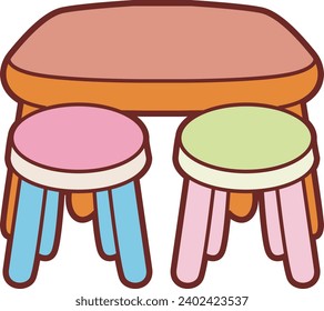 The theme of this illustration is Playroom. Wooden table and chairs in the playroom. Furniture chair design. Kids lastic table and chairs. Free classroom desk clip art. Diningroom for kids. Vector art