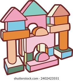 The theme of this illustration is Playroom. Wooden brick huse game for children icon. Colorful blocks toy building for kids images. Tower castle house illustration. Baby cubes toys. Pyramid built cube