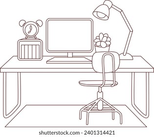 The theme of this illustration is Workspace. Creative workspace modern style with outline style. Home office interior place. Working tablet flat design with plant, computer, notes, book, and lamp.