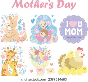 The theme of this mini icon set is Mother’s Day. Mom hugging baby, animals with baby, flower and text I love you mom. Mother's day concept illustration. Beautiful sticker of mother's day 22 December.