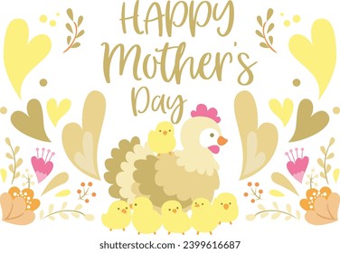 The theme of this mini icon set is Mother’s Day. Mother's day concept illustration. Beautiful sticker of mother's day 22 December. Hen with her babies with loves and leaves anywhere. Vector images.