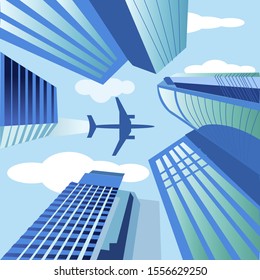 The theme of travel by plane, relaxation, adventure. The plane flew over business skyscrapers, high-rise buildings. Flat style. Cartoon vector illustration