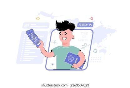 Theme of travel, registration. The boy is holding a passport and a ticket. Element for the design of presentations, applications and websites. trend illustration. Vector illustration