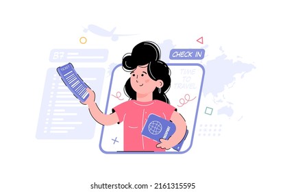 Theme of travel, registration. The girl is holding a passport and a ticket. Element for the design of presentations, applications and websites. trend illustration. Vector illustration
