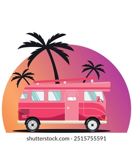 The theme of traveling by caravan. Motorhome on the background of palm trees and sunset