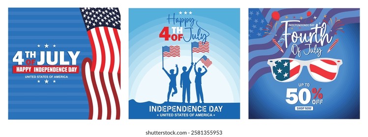 The themed design celebrates American Independence Day. Patriotic elements such as flags, stars, and bright colors to symbolize freedom and American pride. Independence Day USA concept.