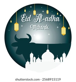 Themed for Eid Al-Adha with cow and lanterns symbolizing Islamic culture. Vibrant design embracing tradition and festivity. Flat vector modern illustration 