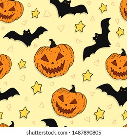Themed festive colorful pattern with caricature pumpkin, bats, stars, decorative elements on a neutral background. Halloween vector. 