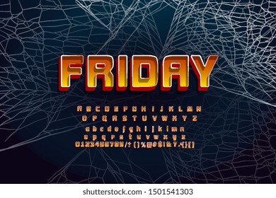Themed font for Helloween with unique lettering and numbers on a dark background with cobwebs.