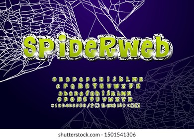 Themed font for Helloween with unique lettering and numbers on a dark background with cobwebs.