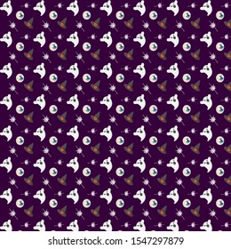 
Themed Halloween pattern containing a vector image of a ghost, witch's hat and eyes.