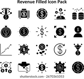 Themed icon set featuring 20 unique Solid Filled-style icons representing Revenue concepts.