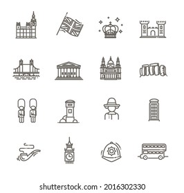 Themed icons of London, linear symbols collection. England showplace, isolated vector illustration